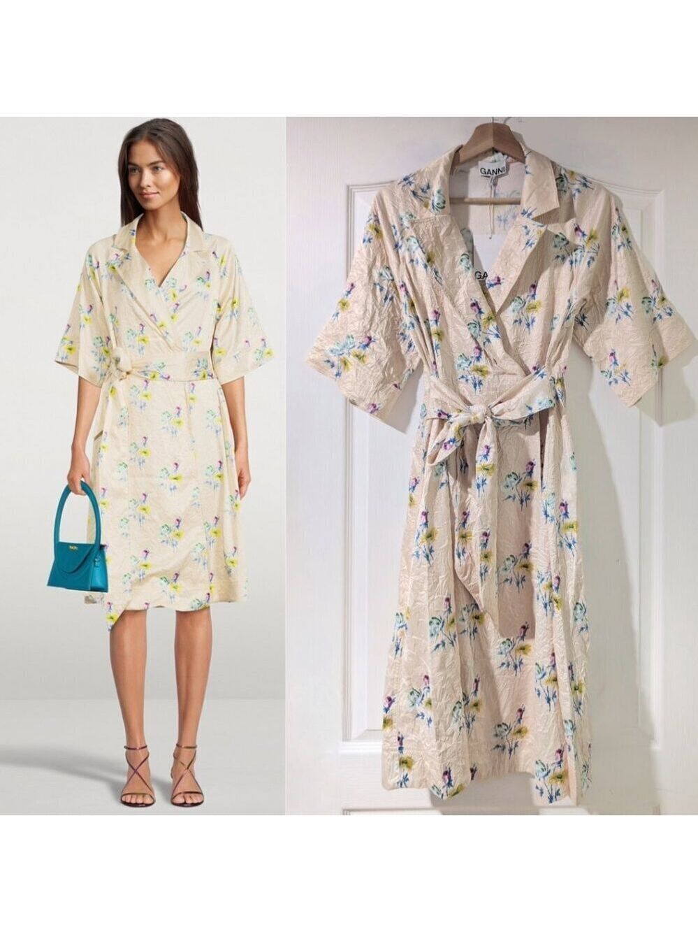 NWT GANNI | Crinkled Satin Wrap Dress In Rutabaga Floral Print (36/4)